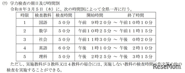 学力検査の期日・時間割