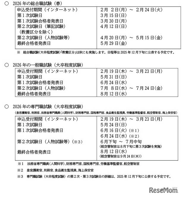 2026年の国家公務員採用、各試験の日程