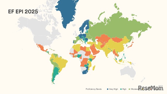 EFEPI英語能力指数を示す世界地図（青が非常に高い、緑が高い、黄緑が標準的、黄色が低い、オレンジが非常に低い）