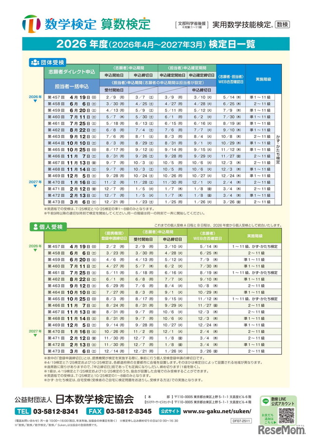 数学検定・算数検定2026年度 検定日一覧