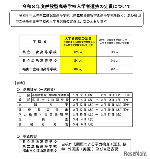 令和8年度併設型高等学校入学者選抜の定員について