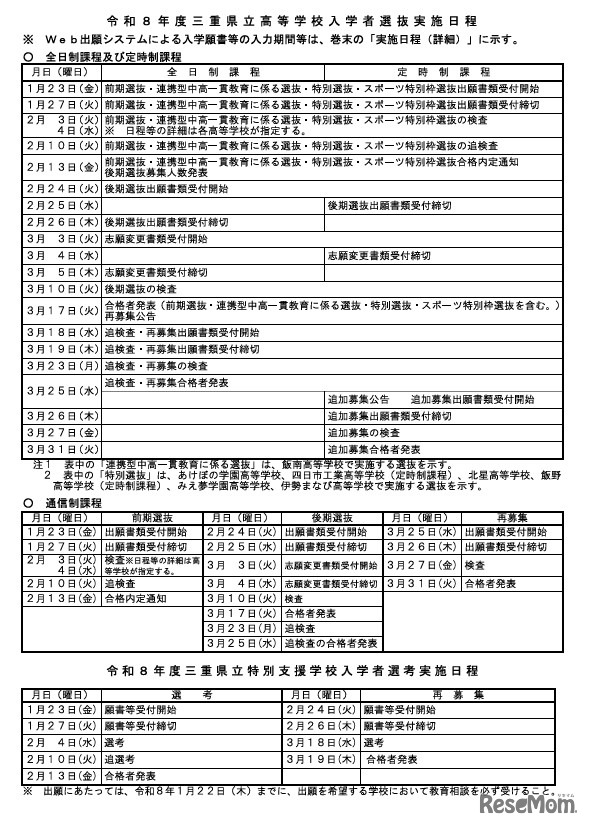 令和8年度三重県立高等学校入学者選抜実施日程