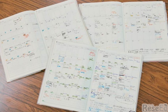 左奥が高校1年生時、右奥が高校2年生時、手前が高校3年生時の手帳。年々バージョンアップしているのがわかる