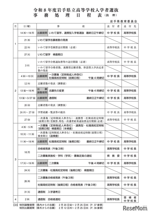 令和8年度 岩手県立高等学校入学者選抜 日程表