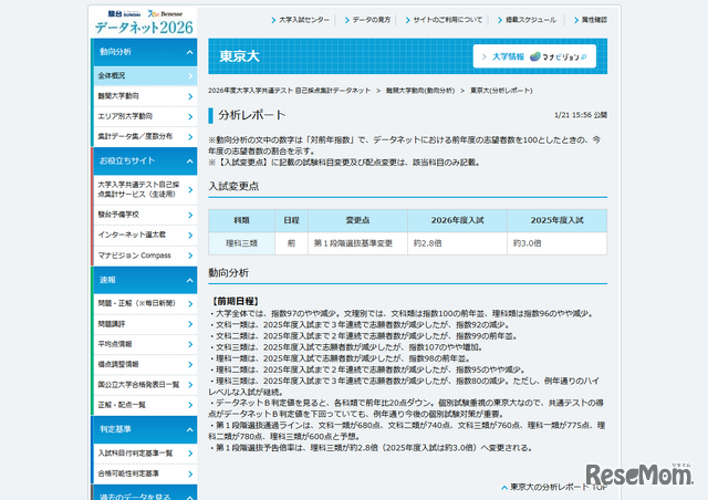 2026年度大学入学共通テスト 自己採点集計データネット  難関大学動向(動向分析)  東京大(分析レポート)