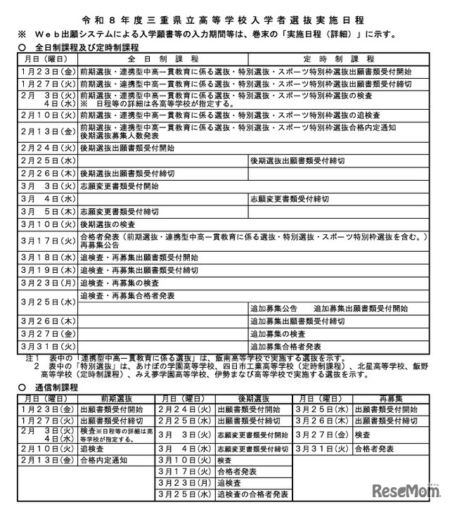 令和8年度三重県立高等学校入学者選抜実施日程