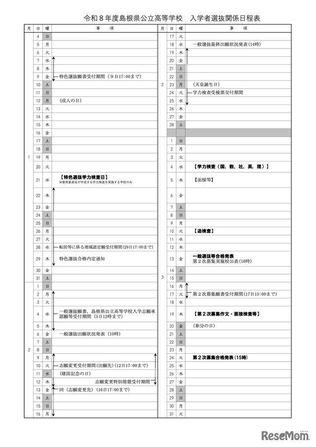 令和8年度 島根県公立高等学校 入学者選抜関係日程表