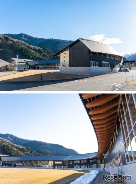 広大な敷地の中に円弧状に配置された校舎棟、体育館棟、温泉施設「比咩の湯」は寮生は無料で利用できる