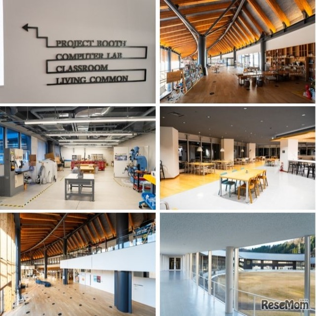 教室のほか、学生たちが集うリビングコモンズ、モノ作りの拠点であるメーカースタジオなど、学生たちのクリエイティビティを刺激する校舎内。白山麓の木材がふんだんに使われている。