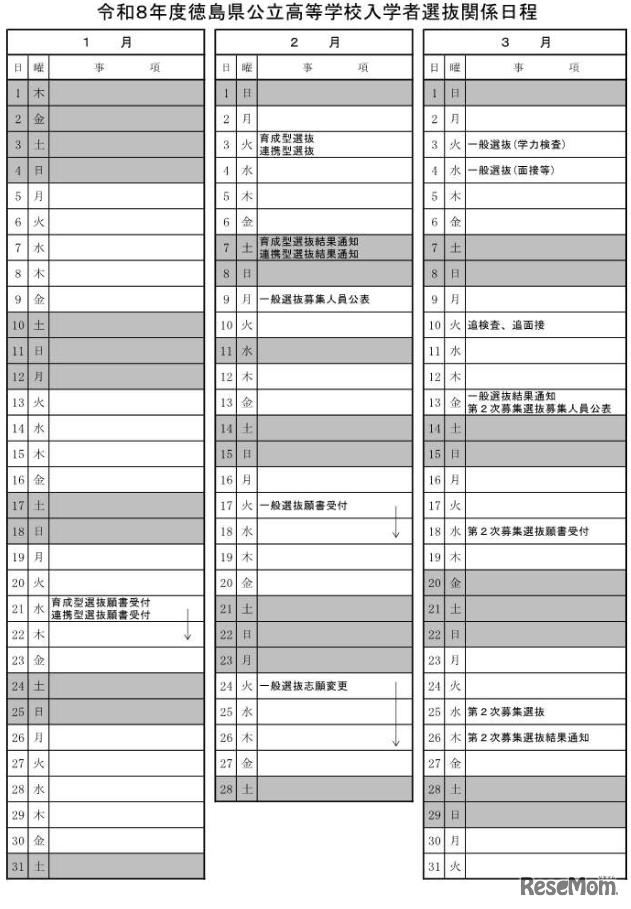 令和8年度徳島県公立高等学校入学者選抜関係日程