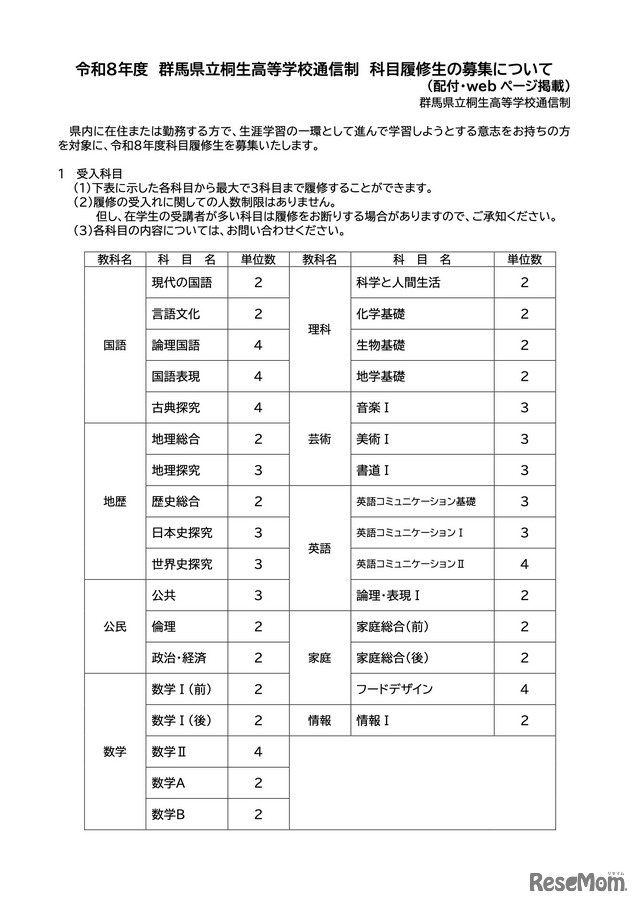 令和8年度 桐生高校通信制 科目履修生の募集について（一部）