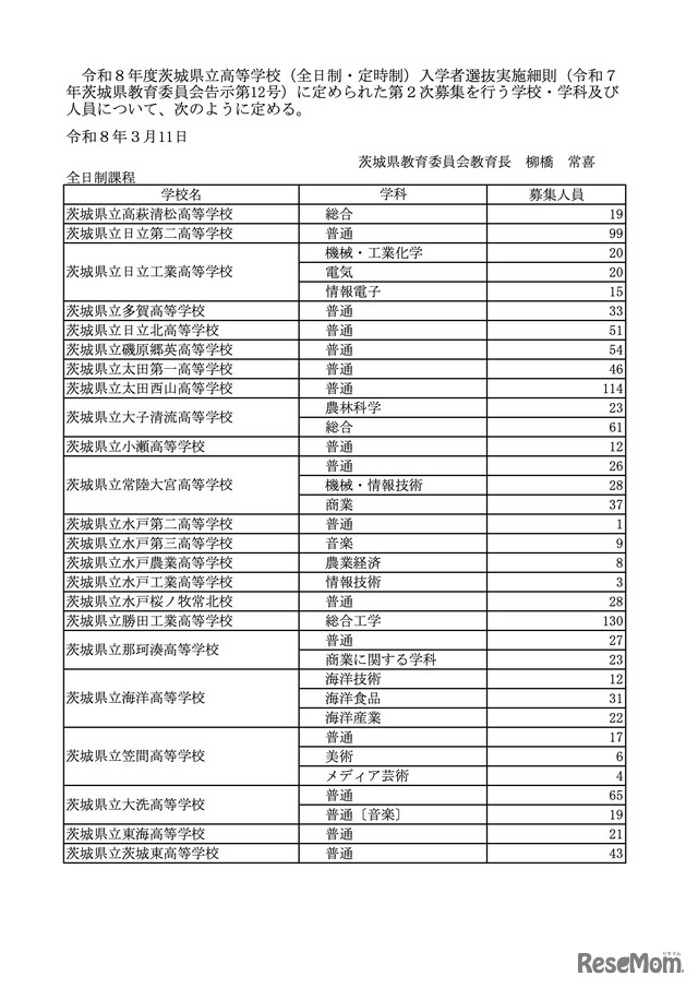 令和8年度茨城県立高等学校第2次募集（全日制）
