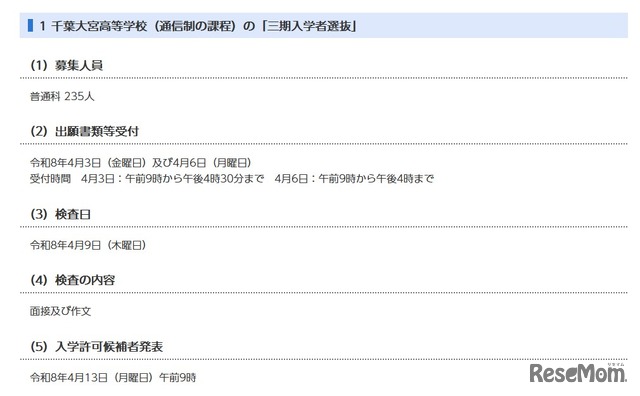 千葉大宮高等学校の三期入学者選抜
