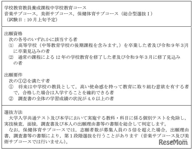 学校教育教員養成課程中学校教育コース 音楽サブコース、美術サブコース、保健体育サブコース（総合型選抜I）