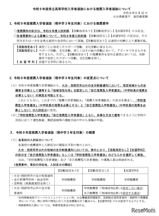 令和9年度県立高等学校入学者選抜における推薦入学者選抜について