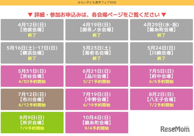 みらい子ども進学フェア2026：開催会場、日程一覧