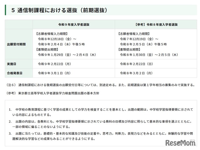 令和9年度東京都立高等学校入学者選抜「通信制課程における選抜（前期選抜）」