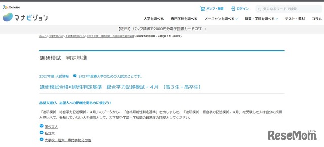 進研模試合格可能性判定基準　総合学力記述模試・4月（高3生・高卒生）