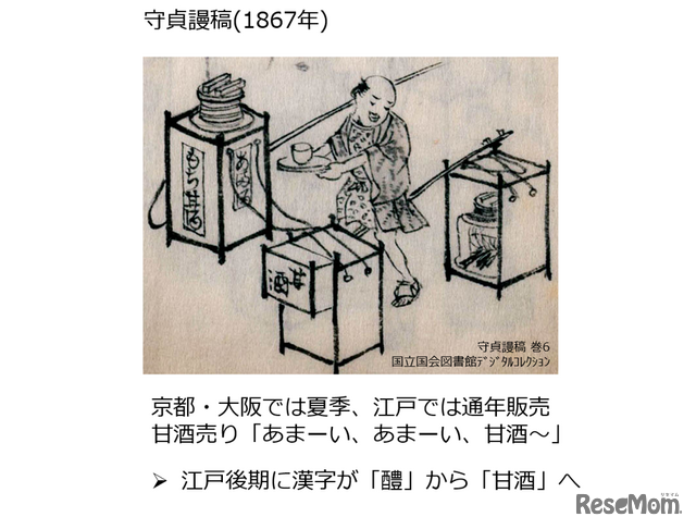 『守貞謾稿』甘酒売りの挿絵（「第11回日本微生物学連盟フォーラム」八海醸造 取締役 製造本部長 倉橋敦さんの発表資料より）