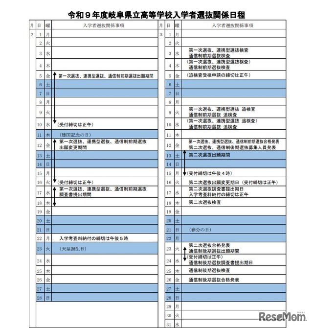 2027年度岐阜県立高等学校入学者選抜関係日程