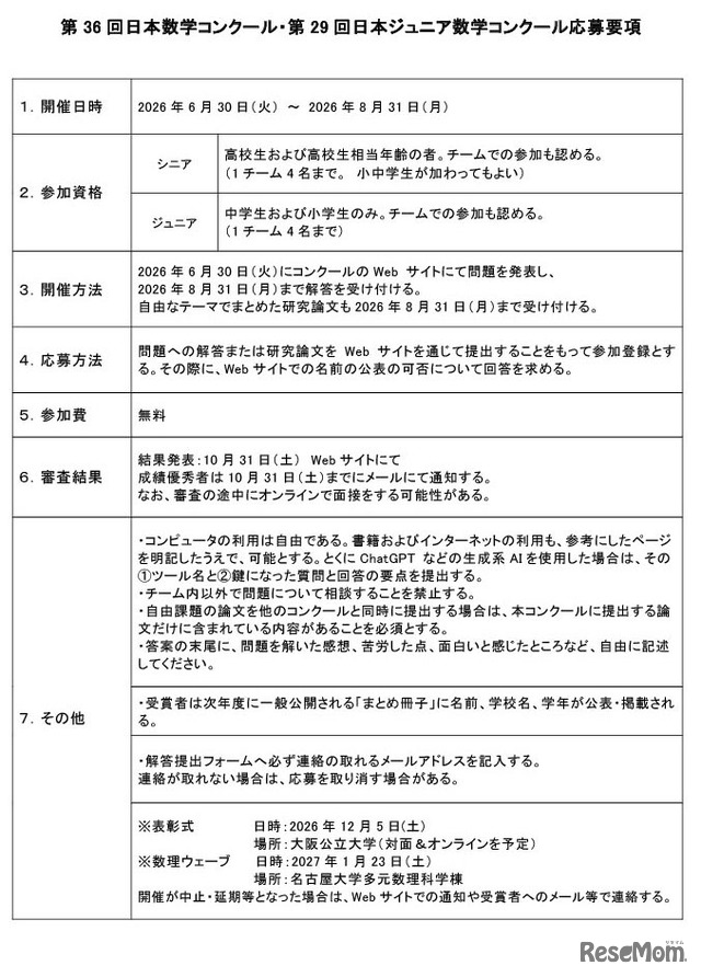 日本数学コンクール応募要項