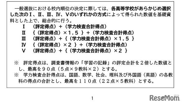 一般選抜における校内順位の決定方式
