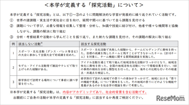 関西学院大学探究評価型入学試験＜本学が定義する「探究活動」について＞／探究評価型入学試験要項より