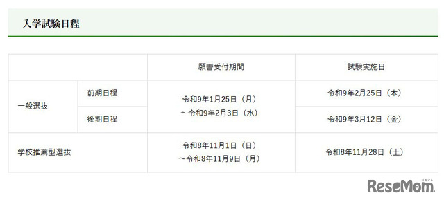 令和9年度入学試験日程