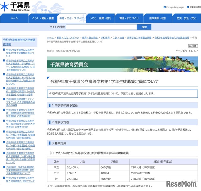 令和9年度 千葉県公立高等学校第1学年生徒募集定員について