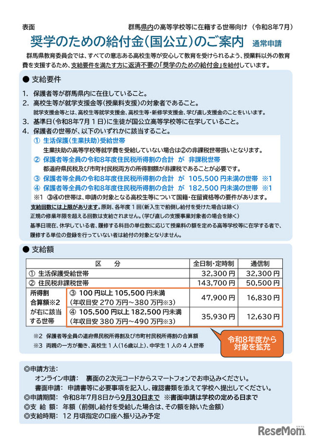 群馬県内の高等学校等に在学している高校生等の世帯向け（通常申請）