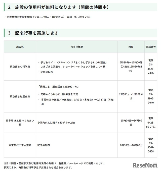施設使用料無料、記念行事