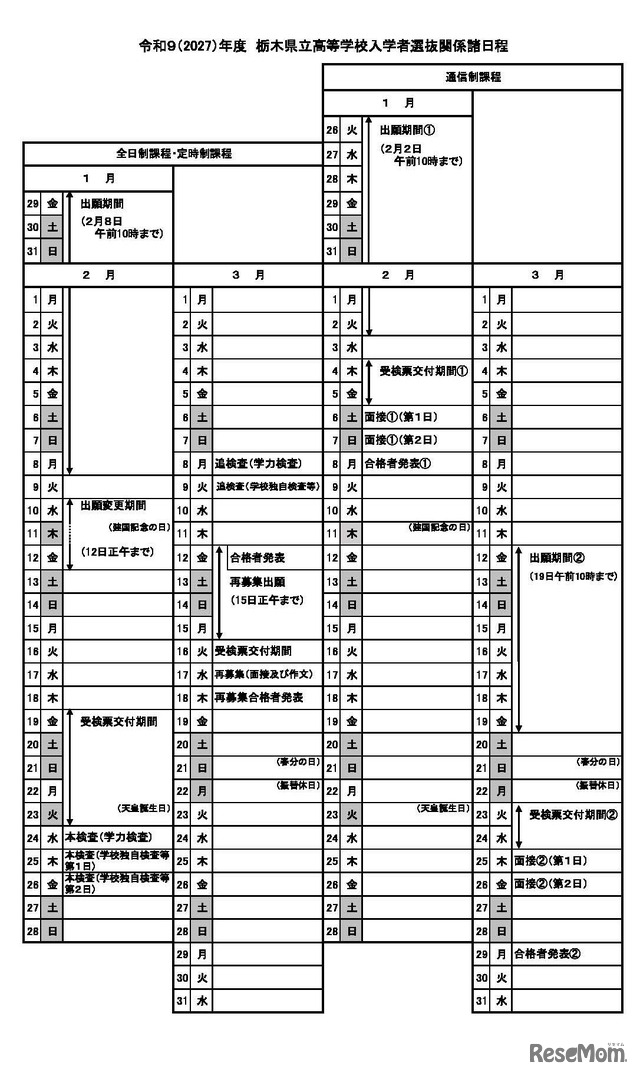令和9（2027）年度 栃木県立高等学校入学者選抜関係諸日程