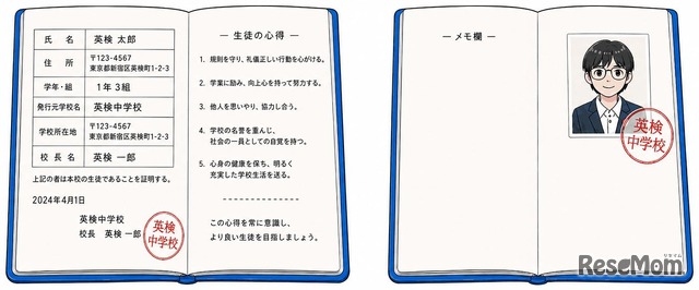 有効な事例…生徒手帳の個人情報とは別ページ（メモ欄など）の余白に写真が糊などで貼付され、写真に割印がされている場合