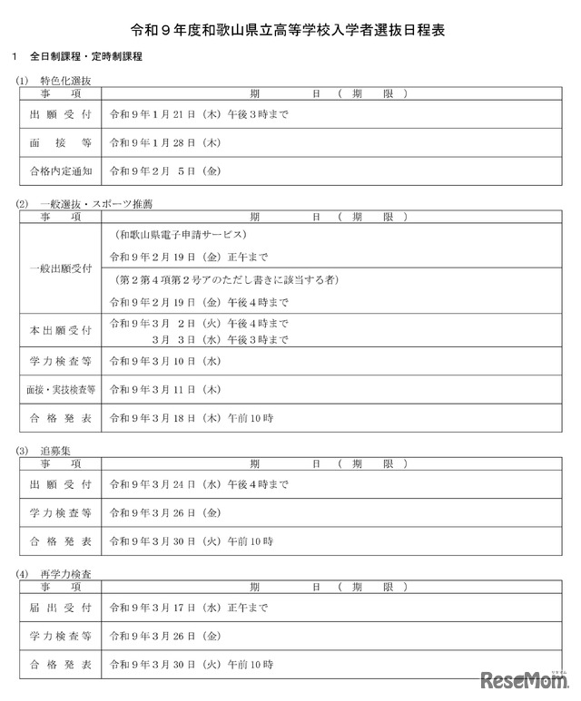 令和9年度和歌山県立高等学校入学者選抜日程表