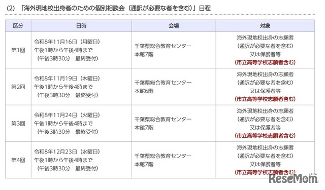海外現地校出身者のための個別相談会（通訳が必要な者を含む）