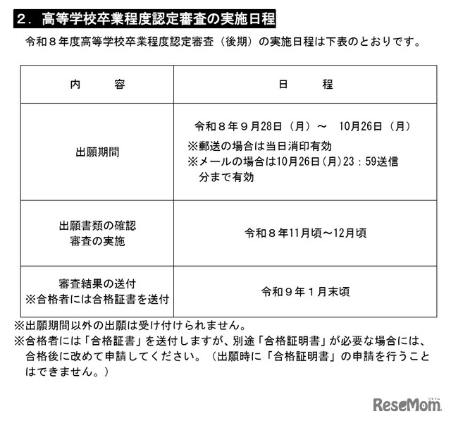 令和8年度高等学校卒業程度認定審査（後期）の実施日程