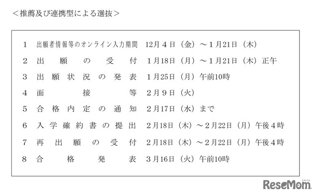 おもな日程＜推薦及び連携型による選抜＞