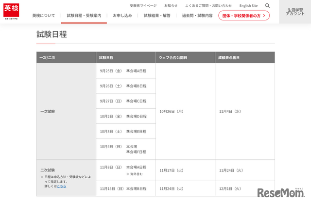 2026年度第2回検定 試験日程
