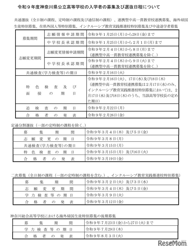 令和9年度 神奈川県公立高等学校の入学者の募集および選抜日程