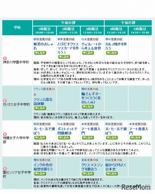 まなびの会コンパス2012・体験授業スケジュール