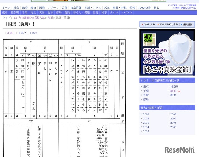 国語（前期）正答