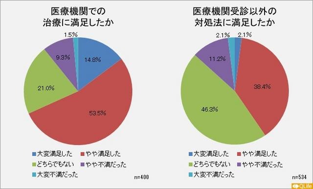 医療機関での治療に満足したか／医療機関受診以外の対処法に満足したか