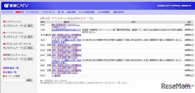 イベントチャンネルのタイムテーブル（3月12日）