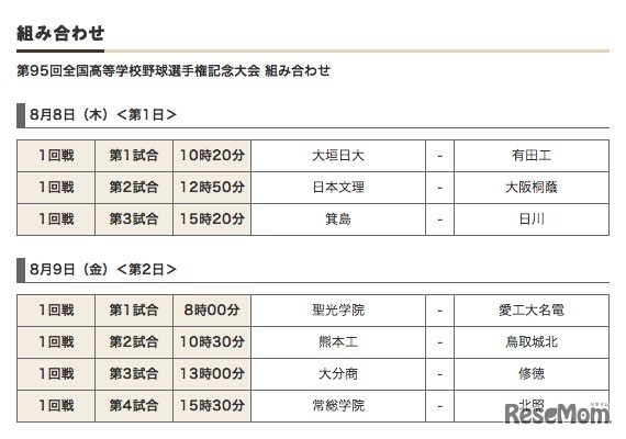 初戦組み合わせ、日本高等学校野球連盟