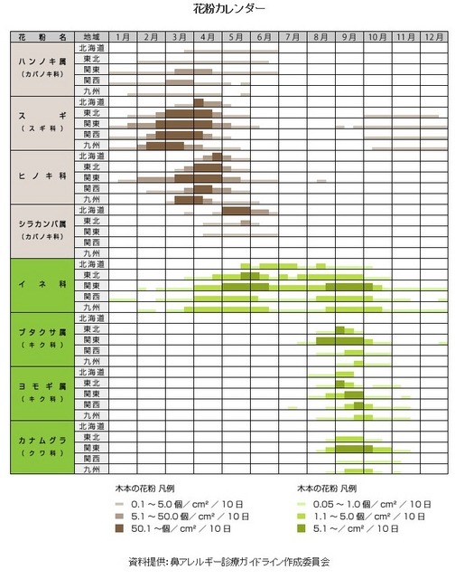 花粉症カレンダー（資料提供：鼻アレルギー診療ガイドライン作成委員会）