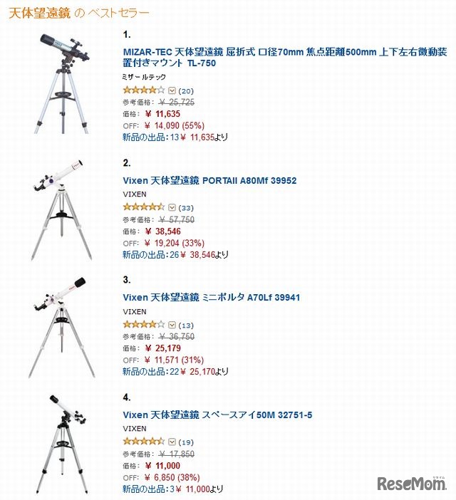 Amazon.co.jpの天体望遠鏡のベストセラー