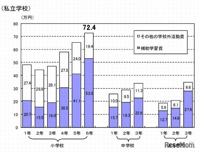 学年別にみた補助学習費とその他の学校外活動費（私立）