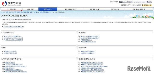 厚生労働省の「ノロウイルスに関するQ＆A」