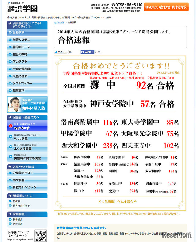 浜学園2014年合格速報（1月24日時点）