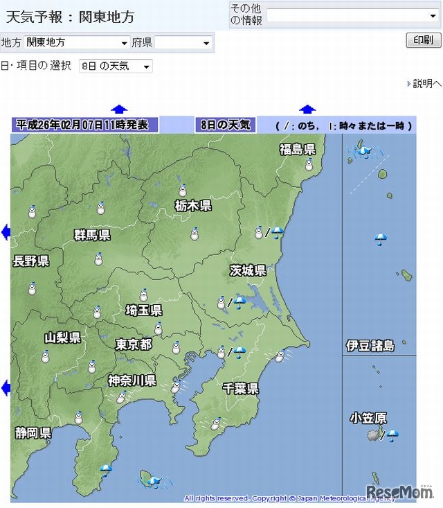 2/8の関東地方の天気